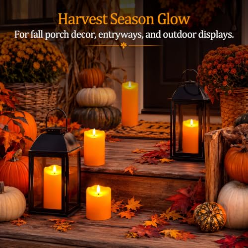 Image of Homemory Halloween Orange Waterproof LED Candles, Remote Timer, Set of 6 | Flameless candles, D3 x H4 /4 /5 /6 /8 /8 in, plastic shell, indoor outdoor fall decor, porch, patio, pathway and lanterns