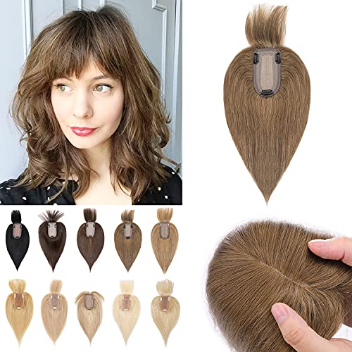 S-noilite 12" Human Hair Toppers with Bangs 150% Density Silk Base Clip in Top Hairpieces with Fringe For Women with Thinning Hair Remy Hair Toupee Wiglet 38g #6 Light Brown