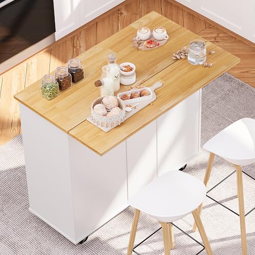 Image of SUNLEI Kitchen Island on Weels with Storage Cabinet & Foldable Drop Leaf, Buffet Sideboard Cabinet, Cart Handle for Towel Rack, Drop Leaf, Portable Islands for Kitchen (Cream White, 39.7-INCH)