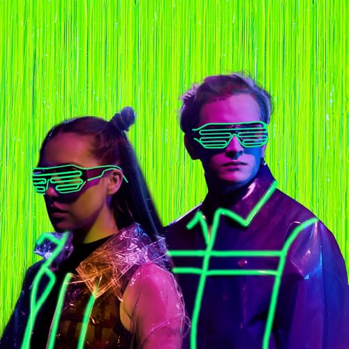 Image of 2 Pack Glow in The Dark Party Curtains, Neon Party Decorations 6.6 x 6.6 ft Fluorescent Macaron Yellow Tinsel Foil Fringe Curtains, Photo Booth Prop Backdrop Streamers, Birthday Halloween Party Decor