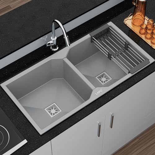 Image of LAPO Granite Double Bowl Kitchen Sink | 37x18 Inches with Tap Hole | UV Resistant Surface & Low Noise Water Splash | Includes Waste Pipe, Coupling & Basket | 3 Years Warranty (Grey Metallic)