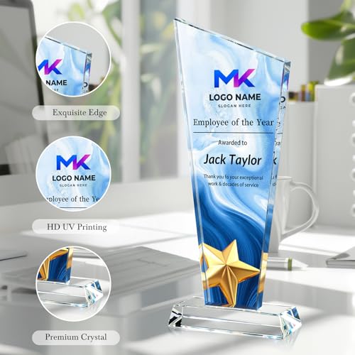 Image of Custom Crystal Trophy Award Personalized Plaque Award with Text Logo Photo Awards Trophies for Employee Recognition Team Graduation Personalized Office Gifts for Boss Coworker Teacher