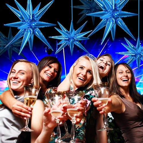 Image of TONIFUL 8 Pcs Explosion Star Balloons Blue Foil Balloon Party Decorations | 2 Size Mylar Star Balloon for Blue Party Decoration Christmas New Year Mens Birthday Wedding Baby Shower Photo Booth Supplies