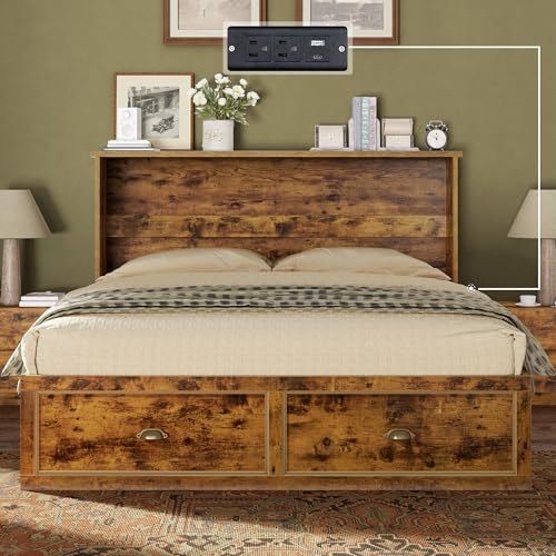 Image of AMERLIFE Queen Size Murphy Bed, Farmhouse Wooden Cabinet with Charging Station and Storage Drawer for Bedroom /Office /Guest Room, Rustic Brown