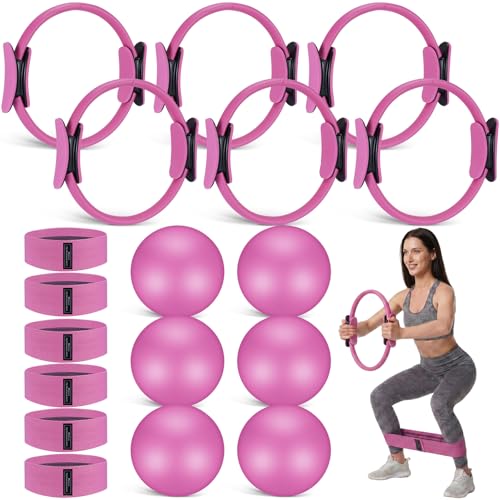 Seenelling 18 Pcs Pilates Ring and Ball Bulk Home Pilate Kit, Pink