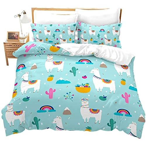 Erosebridal Alpaca Duvet Cover Set Full Cartoon Animal Print Bedding Set Kids Rainbow Comforter Cover Set Tropical Botanical Theme Soft Microfiber Cactus Quilt Cover Bedspread for Girls Boys