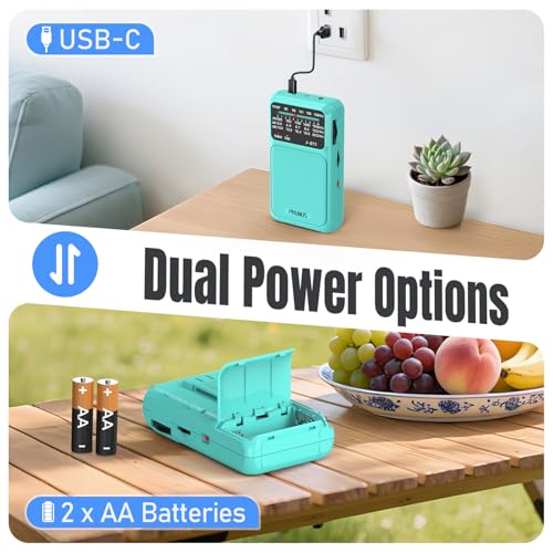 Image of PRUNUS J-211 Portable Radio AM FM with USB Charging and AA Battery Operated, Transistor Radios, Strong Reception& Clear Speaker, Headphone Jack, Back Clip, Lanyard, Small Portable(Blue)