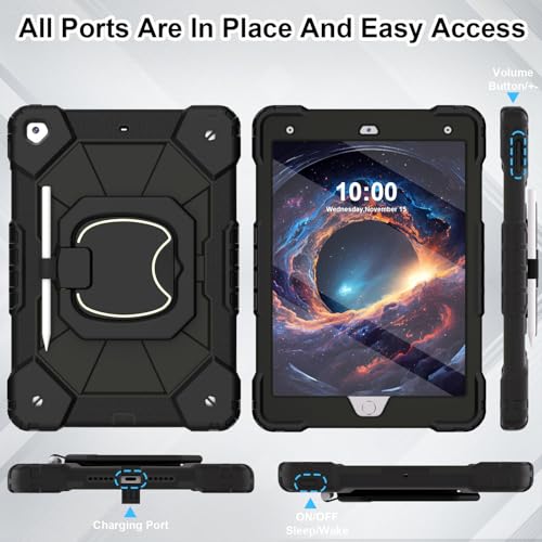 Image of WESOROL Case for iPad 9th /8th /7th Generation 10.2 Inch (2021 /2020 /2019),Full-Body Drop Protection 9th Generation iPad Case with Rotating Stand Screen Protector Pencil Holder Holde,Black