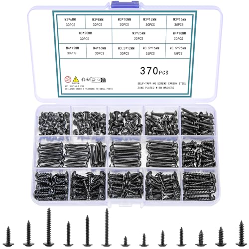 QOOSIKICC Juego de 370 tornillos autorroscantes, tornillos autorroscantes, tornillos de cabeza plana con cabeza de disco para plástico, madera, metal – M3, M3,5, M4, negro, acero al carbono