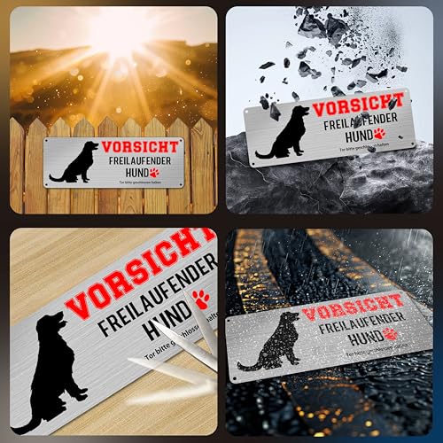 Yezirzax Vorsicht Freilaufender Hund, 2 Stück 25x10cm Achtung Hund Schild, Vorsicht Bissiger Hund Schild Warnschild Hund Aluminium mit Selbstklebend und Vorgebohrten Löchern