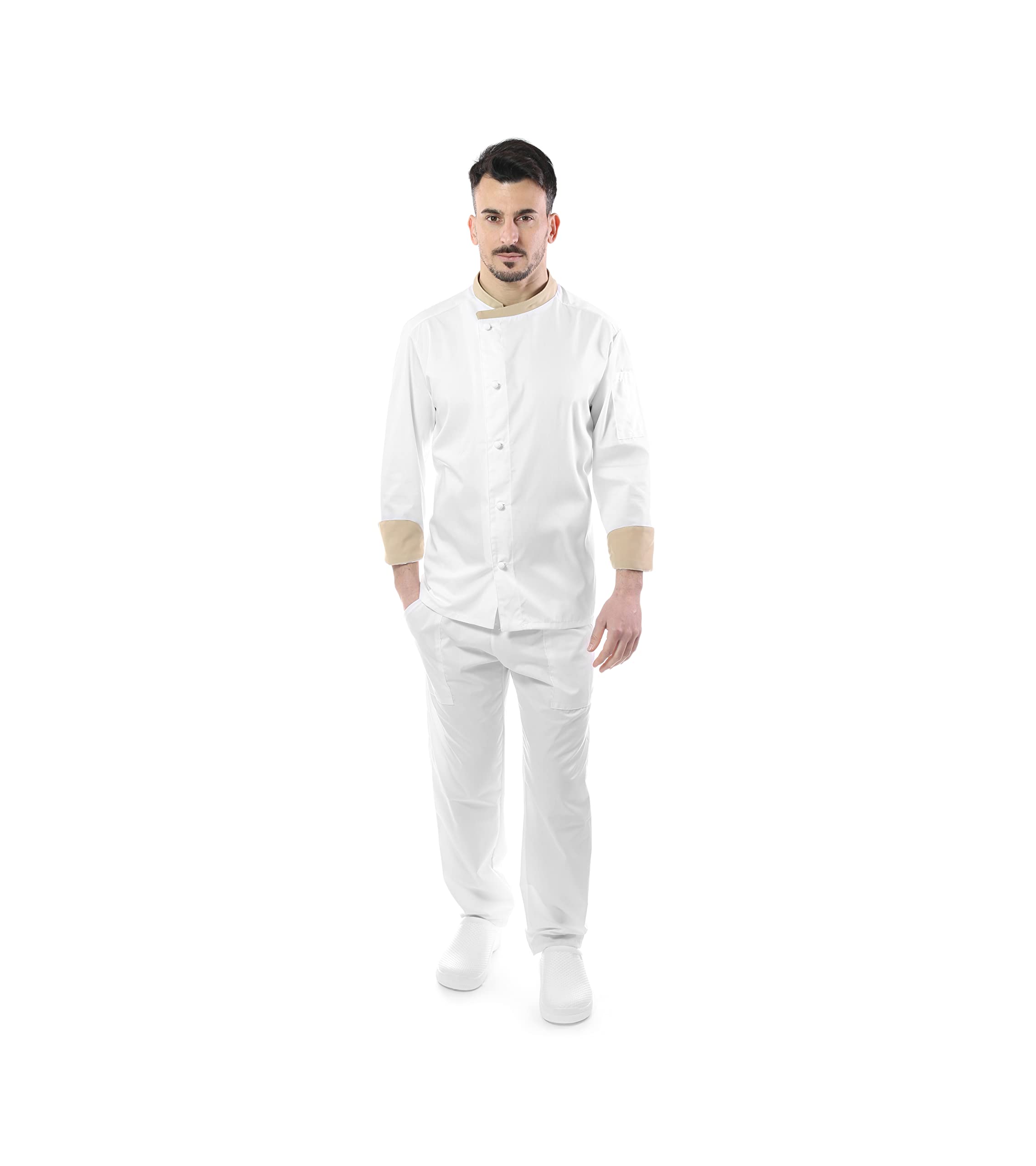 Bordado Gratuito Completo Cocinero Hombre Uniforme Chef Camas Blanco y Beige Personalizable Chaqueta, Pantalones y Delantal Uniforme para Cocina y Restaurante Made in Italy,