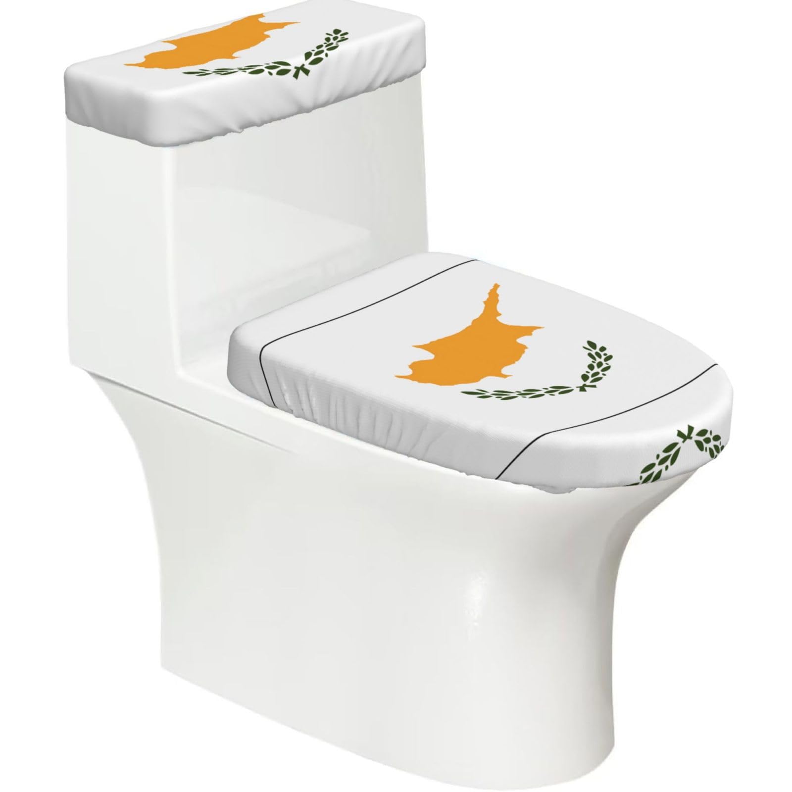 Flag of Cyprus 2-Piece Toilet Seat Cover Set with Tank Lid - Elastic for U-Shape & Elongated - Bathroom Decor