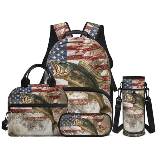 Bass Fishing Backpack 4 Pieces American Flag School Backpack with Lunch Bag Handbag Pencil Case Water Bottle Sling Bag Elementary Middle Rucksack Travel Bookbag