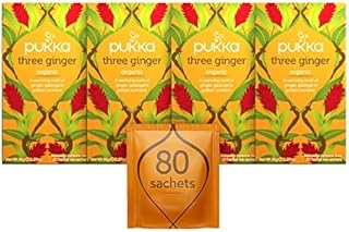 Three Ginger Organic Herbal Tea | Ginger, Turmeric and Galangal | Perfect For After Meals | 4 packs | 80 Sachets (packaging may vary)
