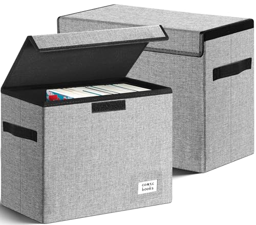 Image of Leffis Comic Book Storage, Box 15.5 inch X 7.5 inch X 11.3 inch, Collapsible Comic Short Box with Lids Holds 150 Comics Heavy Duty Comic Book Bin Container (2 pack, grey)