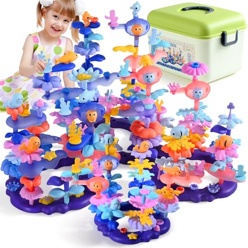 Image of Doloowee 156Pcs Marine Coral Flower Garden Building Toys for Girls Age 3-8 | 156pcs BPA-free marine coral & ower garden building toys in a storage box. Screen-free STEM gift for girls ages 3-8.