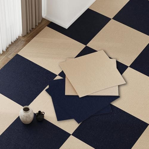 タイルカーペット 30*30cm 50枚セット フロアマット タイルマット 吸着式 防音 撥水 滑り止め 洗える 床暖房対応 カット自由 ペットや子供部屋・賃貸にも最適(カーキ&ネイビー)