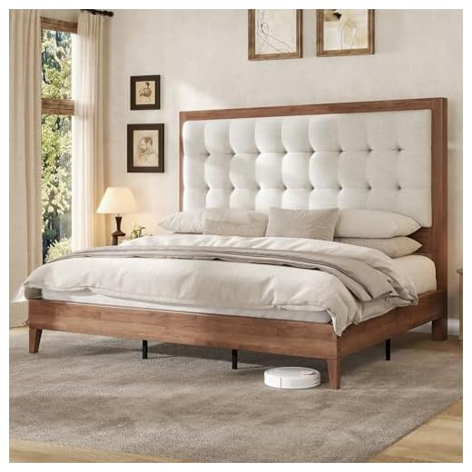 AMERLIFE Queen Size Solid Wood Bed Frame with Tall Tufted Headboard, Mid-Century Style, No Box Spring Required, Easy Assembly, Walnut