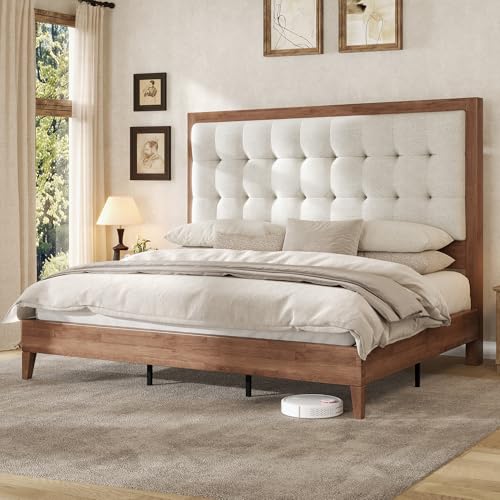 AMERLIFE Queen Bed Frame with Headboard, Solid Wooden Bed Frame Queen Size Platform Bed Mid-Century...