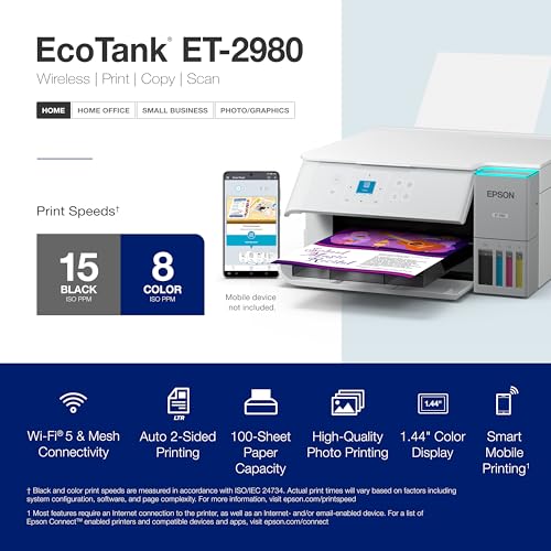 Epson EcoTank ET-2980 Wireless All-in-One Color Supertank Printer with up to 3 Years of Ink, Refillable Tanks, Perfect for Home, 15 PPM, 1.44" Color Screen, Auto 2-Sided Printing - White - Image 6