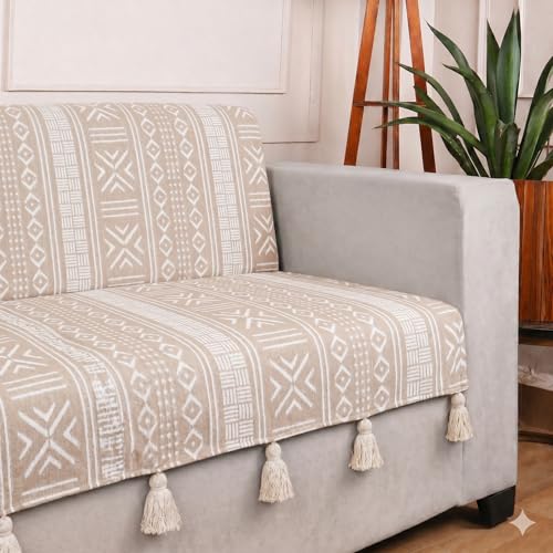 Image of STITCHNEST 'Verdant Bohemian Stories' 2 Seater Sofa Cover - Full Coverage| Elegant Jacquard Fabric, Decorative Tassels, Washable & Durable for Modern Living