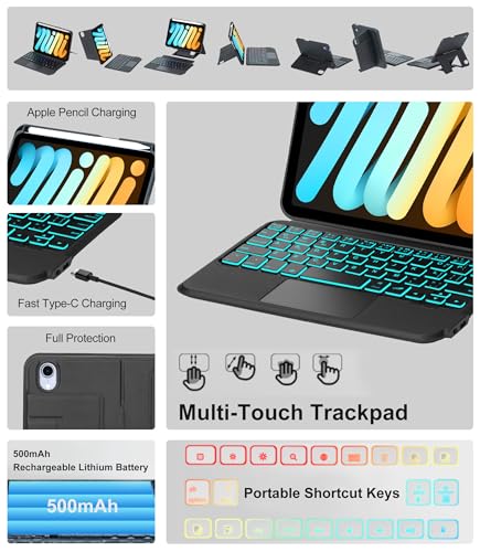 Image of SENGBIRCH Keyboard Case for iPad Mini A17 Pro 7th 2024 & 6th Gen 2021 8.3 Inch Raised Floating Stand Keypad with Multi-Trackpad, Colors Backlit, Pen Holder, Black