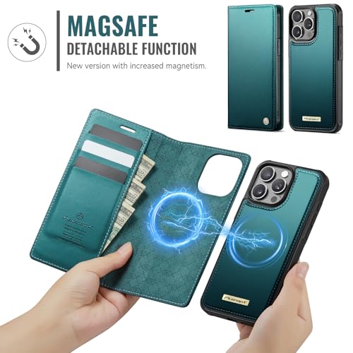 Image of Wallet Case for iPhone 13 Pro Compatible with Magsafe, 2-in-1 PU Leather Flip RFID Blocking Card Holder Stand Shockproof Magnetic Detachable Cover for iPhone 13 Pro Case 6.1 inch, Bluegreen