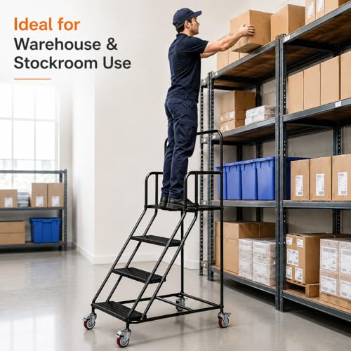 Image of 4 Step Rolling Ladder with Handrails, 880 lbs Capacity Heavy Duty Steel Mobile Warehouse Ladder with Locking Wheels, Non-Slip Rolling Stairs with Large Platform for Garage, Stockroom, Library