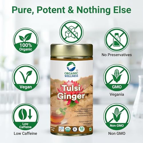 Image of Organic Wellness Tulsi Ginger Herbal Tea 100g Tin | Natural Antioxidant Rich Blend | Supports Digestion | Relieves Stress | Boosts Metabolism | Enhances Immunity | Soothing Refreshing Daily Beverage