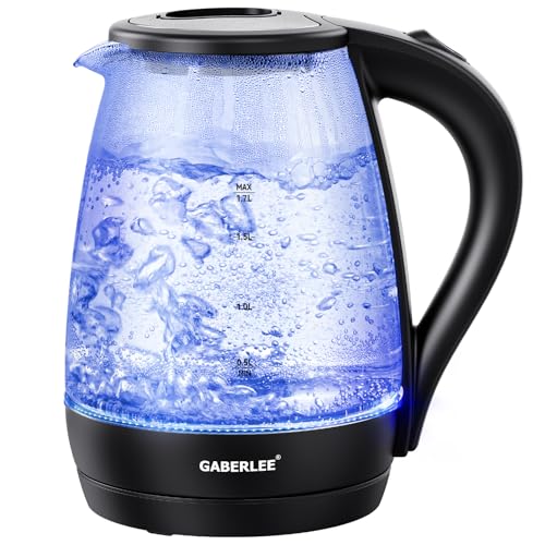 GABERLEE Electric Kettle, 1.7L, 2200W, 5 Mins Fast Boil Quiet Glass Kettle with Blue LED, Auto Shut-Off and Boil-Dry Protection, BPA-Free, Black GABERLEE Electric Kettle, 1.7L, 2200W, 5 Mins Fast Boil Quiet Glass Kettle with Blue LED, Auto Shut-Off and Boil-Dry Protection, BPA-Free, Black