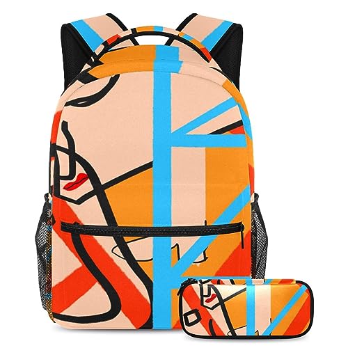 Sac à dos à motif abstrait ergonomique et grande trousse de rangement pour collégien