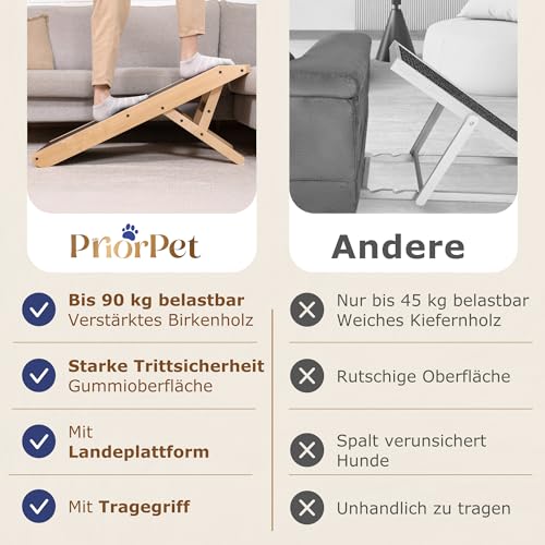 Hunderampe - Hundetreppe für kleine Hunde und große Hunde - Einstellbar 18-53 cm - Für Bett Sofa - Birkenholz - Landeplattform schließt nahtlos an - Rampe Hund Klappbar - Anti-rutsch Einsatz Naturel