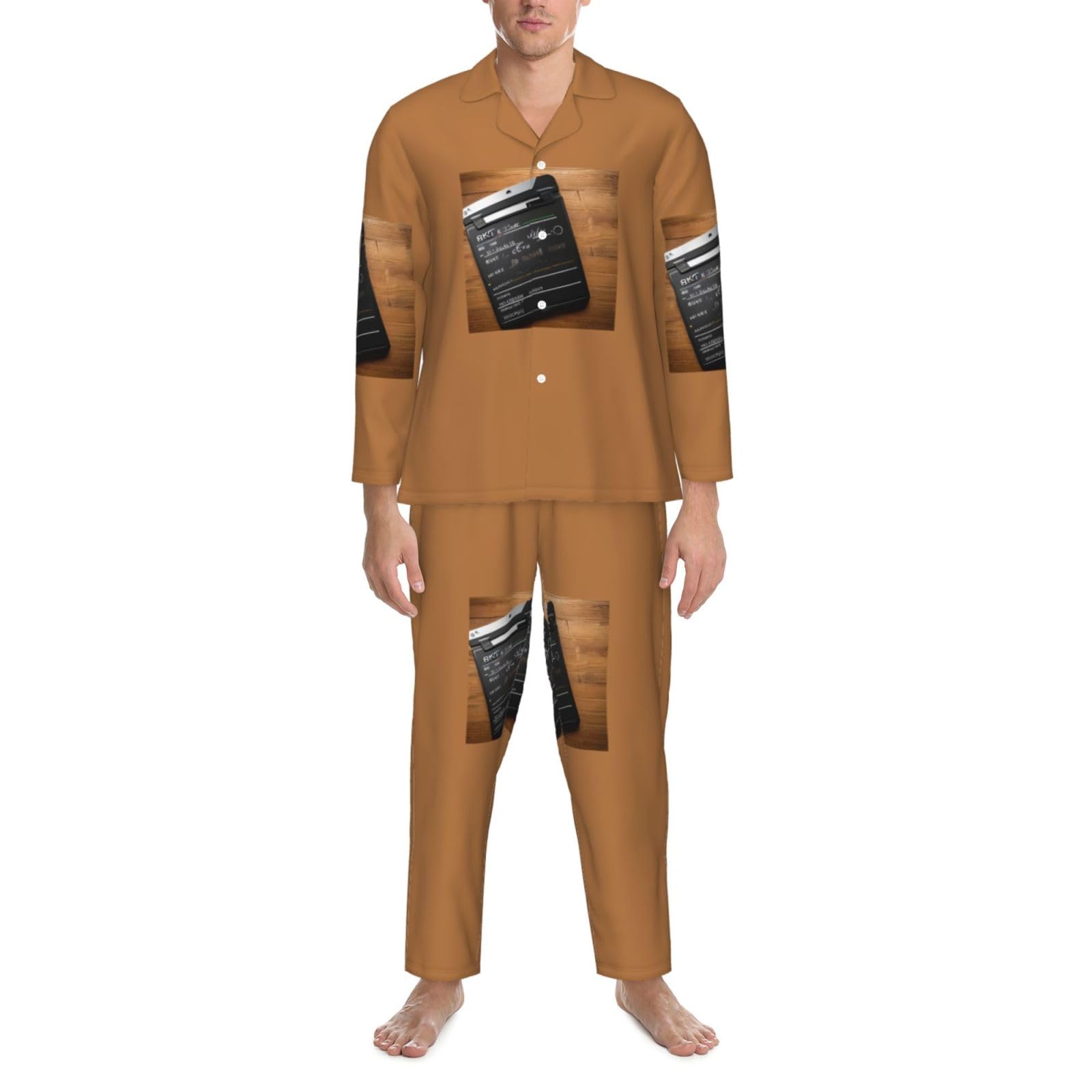 Movies Herren-Pyjama-Set mit Clapperboard-Muster, langärmelig, zweiteilig, Hauskleidung, bequeme Nachtwäsche, Nachtwäsche