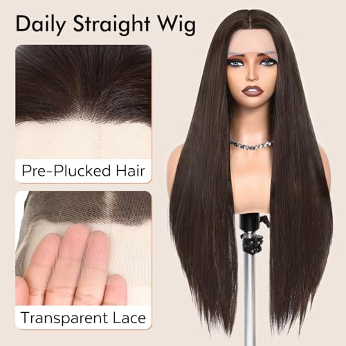 WIGNEE 13x4 Synthetic Lace Front Wig Silky Long Straight Wig Pre-Plucked Kanekalon Hair Glueless Lace Front Wigs with Natural Hairline Free Part Lace Front Wig Dark Brown Wigs for Black Women - Image 4