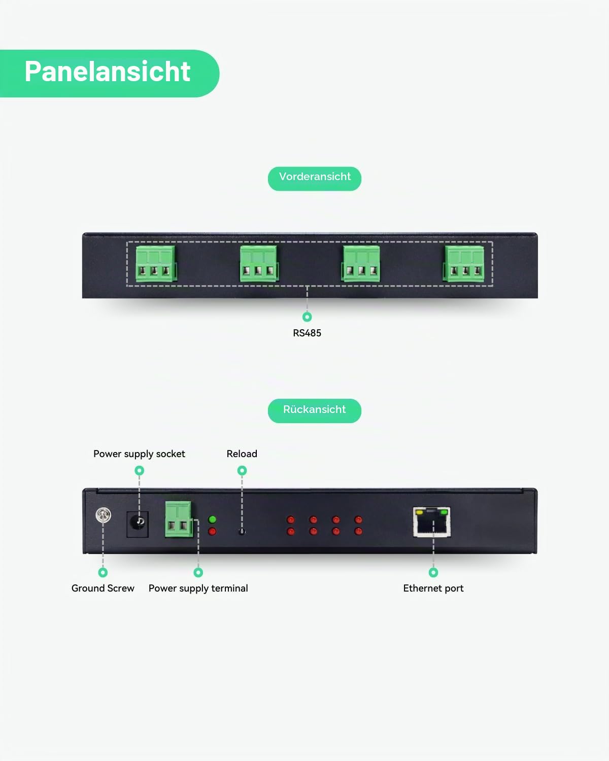 LINOVISION 4 Ports RS485 zu Ethernet Konverter, Modbus Gateway, Modbus RTU/TCP-Konvertierung, Edge Computing, 4-Port Serial Device Server, RS485 zu TCP/IP Konverter, Prozessor Upgraded | Edge Computing Serieller Geräteserver mit 4 Anschlüssen, Prozessor v