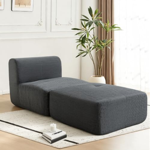 Image of Armless Chair with Ottoman, Modern Corduroy Convertible Cloud Couch