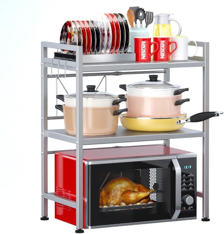 PUSDON Microwave Oven Rack, Adjustable Shelf Organizer 3-Tiers with 3 Hooks, & 160lbs Capacity for Kitchen Counter, Silver Grey