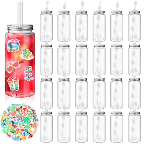 Jingmore 24 Pcs 14oz Plastic Mason Jar Bottles with Straws Lids Clear Cute Reusable Drinking Cups and 86pcs Summer Stickers for Water, Tea, Juice, Beer, Summer Hawaiian Beach Party Supplies
