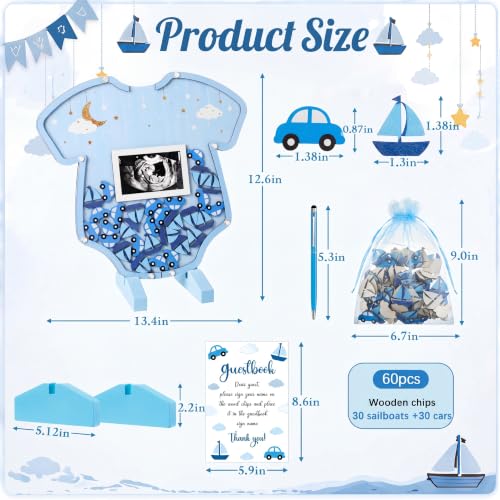 Image of Kosiz Blue Baby Shower Guest Book, Acrylic Guest Book Alternative with Wooden Cars and Boats for 60 Guests, Baby Shower Sign and Nursery Keepsake