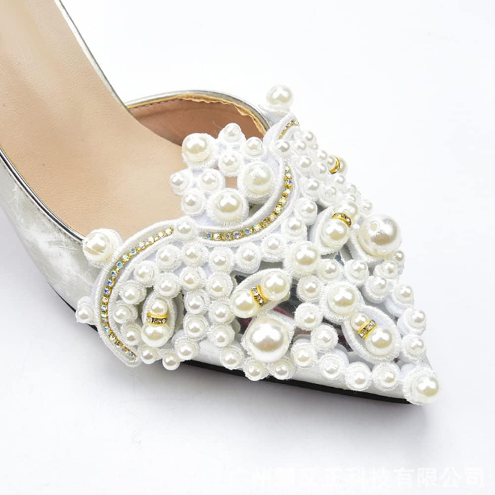 Pssopp 2Pcs Rhinestone Pearl Embellishments Pearl Flower Shoe Clip Pearl Patch Applique for Jewelry Making Clothes Bags Shoes Wedding DIY Supplies(pearl toe)