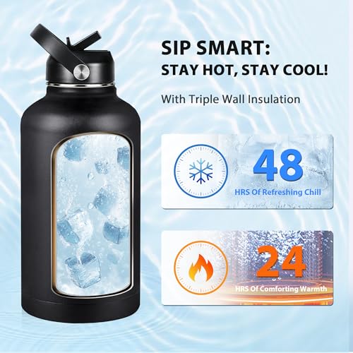 Image of Insulated Water Bottle 64 oz, Triple Wall Vacuum Stainless Steel Water Bottles (Cold for 48 Hrs), Leak Proof & Non-BPA, Half Gallon Water Flask Jug Wide Mouth Straw Lid & Spout Lid