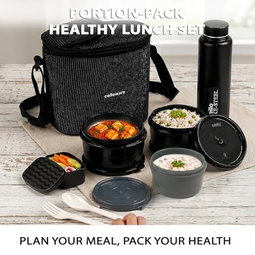 Image of CELLO Munch Mate Lunch Box with Bag for Office Use Black | 375ml x 2 Microwave Safe Containers, 300ml + 175ml Plastic Containers, 800ml Water Bottle with Fork & Spoon, Airtight Tiffin Box for Travel