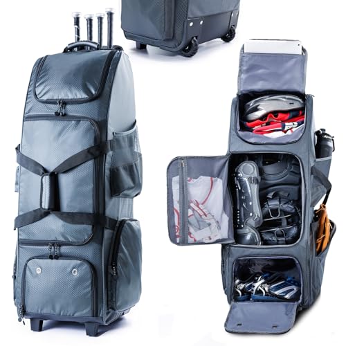 VIGEGARI Large Rolling Baseball Bag with Wheels - Softball Bag for T-Ball to Adult Leagues - Grey, 4 Bats, Separate Shoe Compartment, Fence Hook