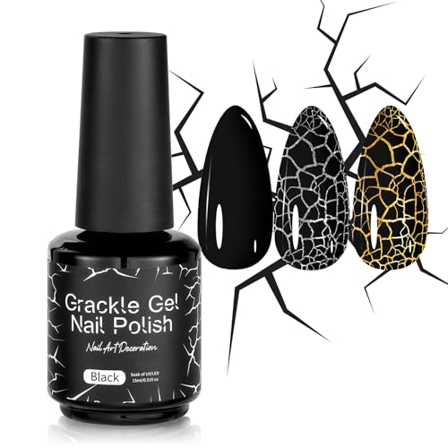 U-Shinein Crackle Gel Nail Polish, 3D Crackle Effect Patterned Nails Easy Fast Naturally Occurring Cracked Low odor Long-lasting Nail Polish Soak off UV Home Salon DIY Nail Art Black