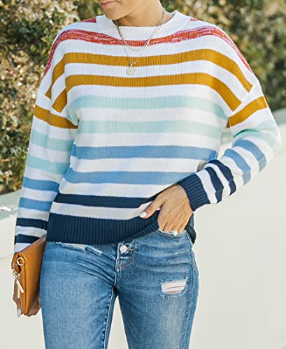 Zesica ZESWEATER15-NAVY-M Women'S 2024 Fall Long Sleeve Crew Neck Striped Color Block Casual Loose Knitted Pullover Sweater Tops,Navy,Medium thumb #1