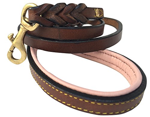 Soft Touch Collars 4ft x 1/2 Inch Wide Leather Braided Dog Leash, Brown with Pink Padded Handle, for Small Dogs