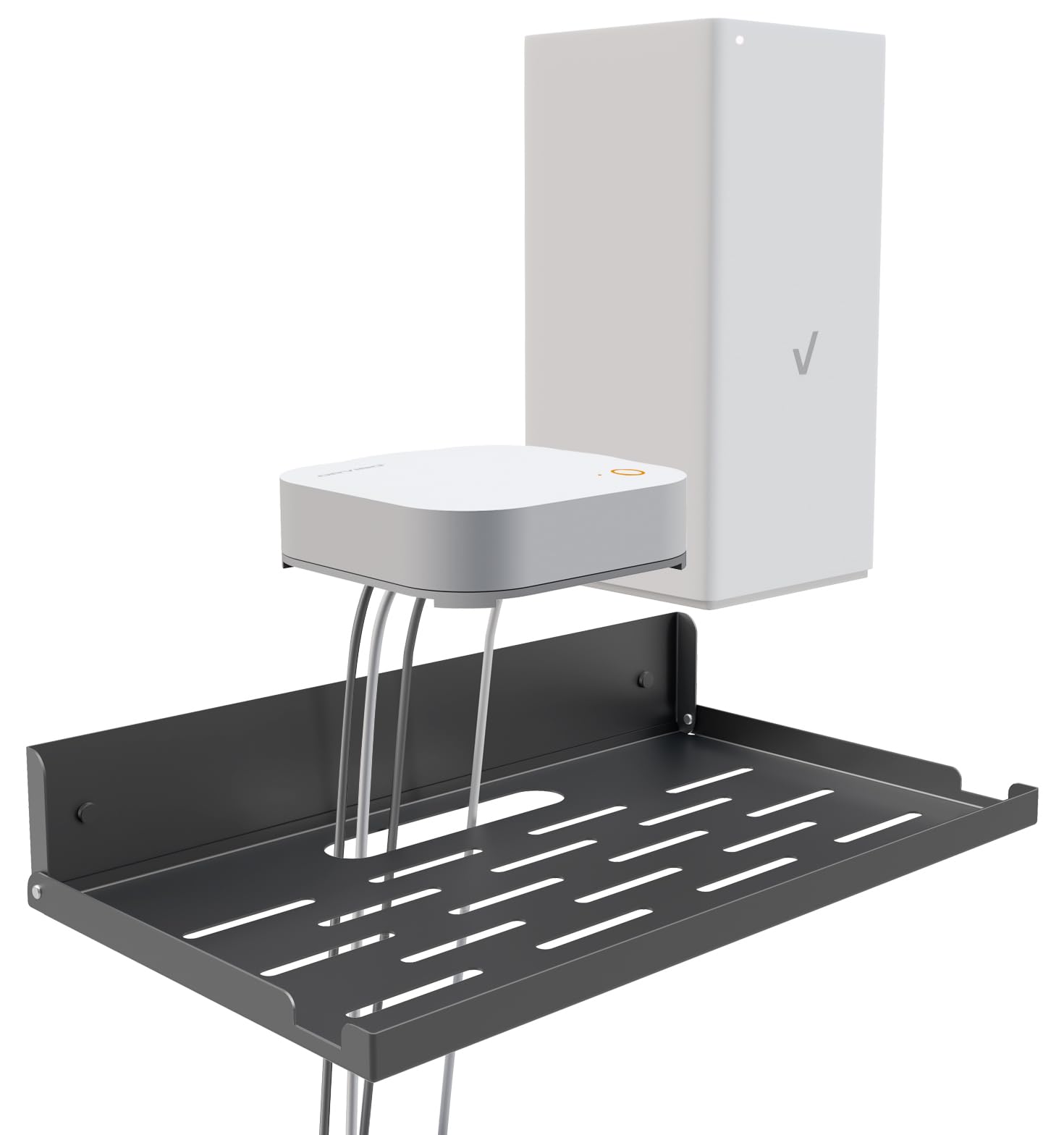 Router Shelf Wall Mount Foldable - 14" Width for Router and Modem | Fold Up Metal Shelf w/Cable Hole & Heat Vents | Space-Saving Holder for WiFi Devices/TV Box (14" W×8" D, Black)