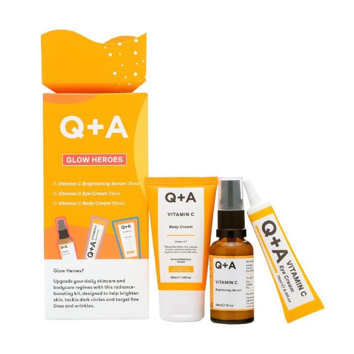 Q+A Glow Heroes Skincare Giftset - Radiance-Boosting Trio with Vitamin C Brightening Serum 30ml, Eye Cream 15ml & Body Cream 50ml - Brighten and Rejuvenate - Vegan & Cruelty-Free, Made in UK