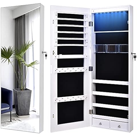LVSOMT 8 LEDs Mirror Jewelry Cabinet, Jewelry Organizer with Full-Length Mirror, Wall Mounted / Over The Door Jewelry Armoire, Full-Screen Mirror with Jewelry Storage for Bedroom (White) Cover