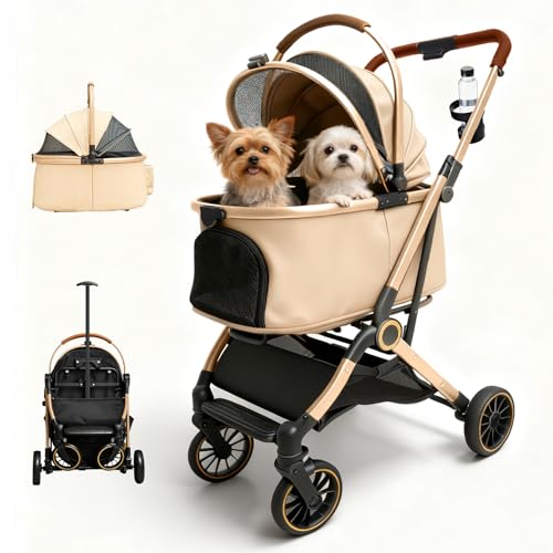 「Merox」ペットカート分離型 犬カート ワンタッチ折り畳み 自立可能 小型犬2匹 中型犬 猫 ペットバギー 広い空間 前輪360°回転 前後輪バネ付 衝撃吸収 耐摩耗 後輪片足ブレーキ 軽量ファッション 人気 耐荷重25KG 安定 介護用 お出かけ コンパクト